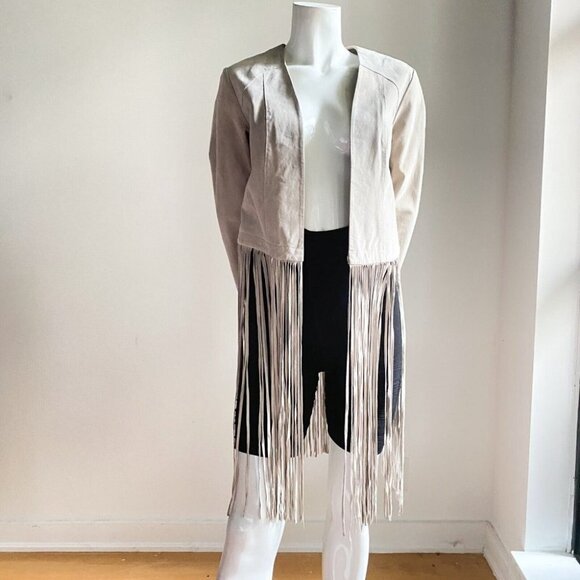 NWT Soia & Kyo Romie Collarless Light Grey Suede Long fringe  Boho Jacket XS - Picture 4 of 13
